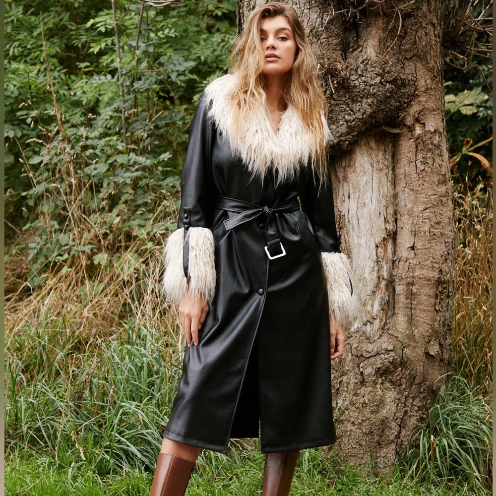 Nasty Gal Premium Faux Shearling Fur Collar Trench Coat